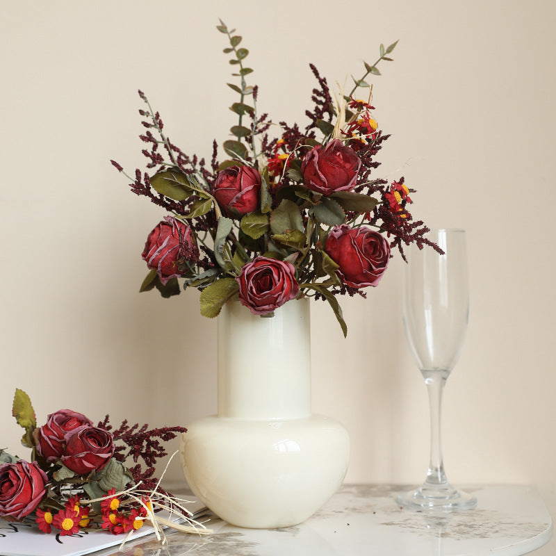 Kunstblumen Strauß Herbst, 36 cm, Rose mit gebrannter Optik & Chrysantheme, Realistische Seidenblumen für Vase, Tischdeko, Hochzeit, Vintage Deko