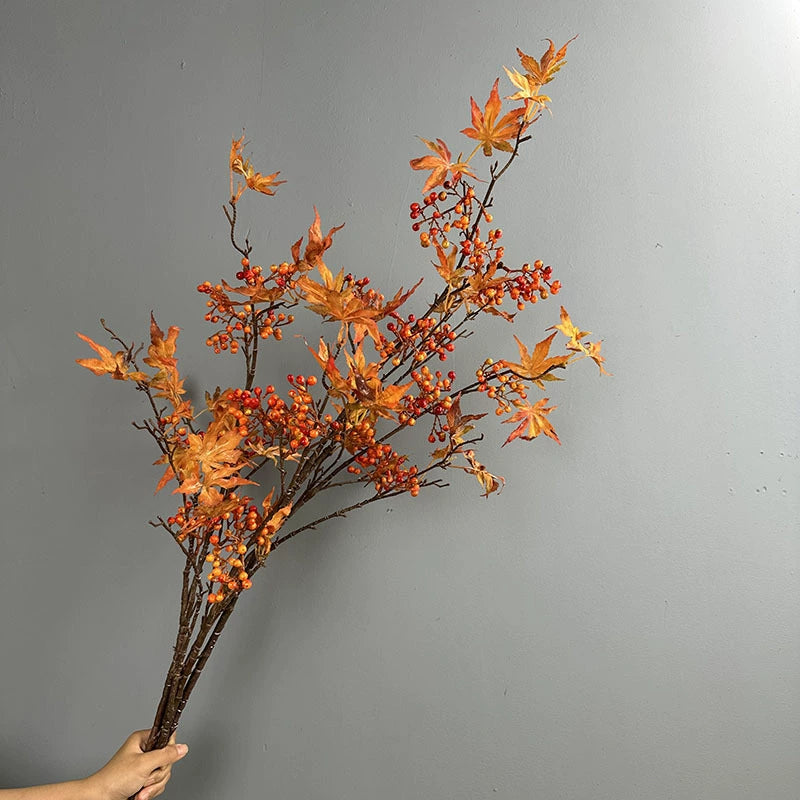 Künstlicher Ahornzweig 100 cm, Herbstzweig mit Beeren, Täuschend Echt, Ideal für Herbstdeko, Vase, Floristik & Hochzeit