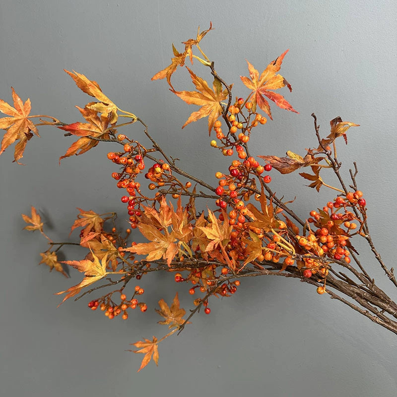 Künstlicher Ahornzweig 100 cm, Herbstzweig mit Beeren, Täuschend Echt, Ideal für Herbstdeko, Vase, Floristik & Hochzeit