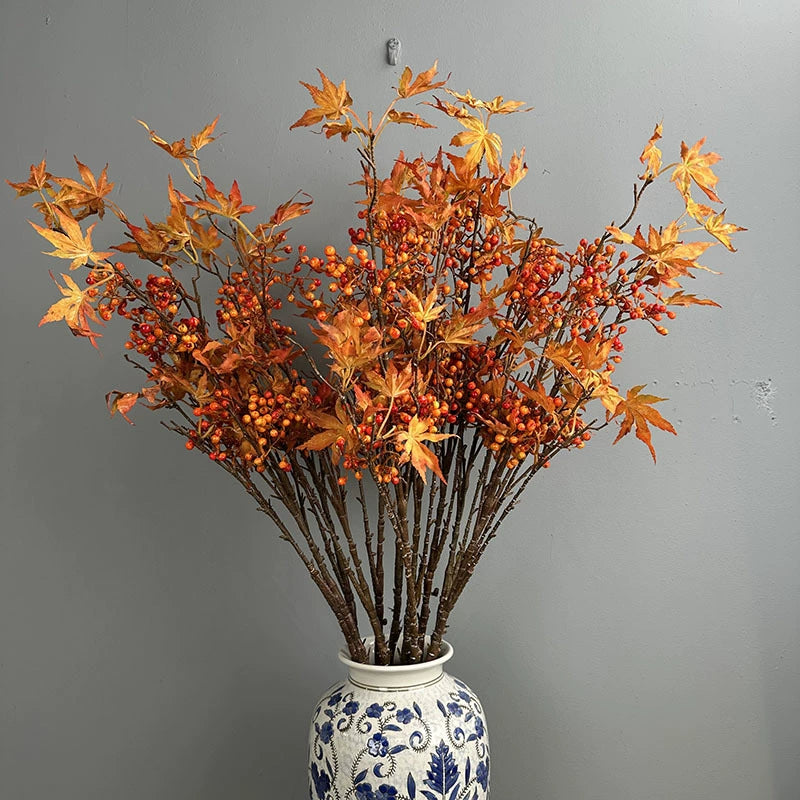 Künstlicher Ahornzweig 100 cm, Herbstzweig mit Beeren, Täuschend Echt, Ideal für Herbstdeko, Vase, Floristik & Hochzeit