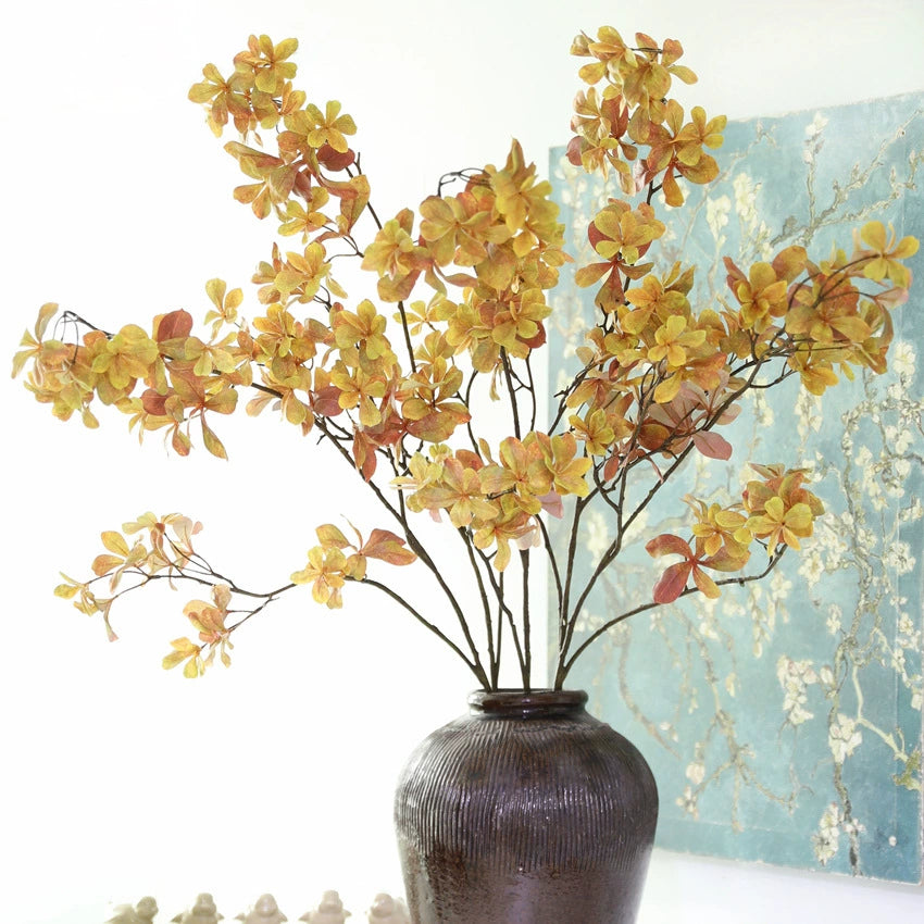 Künstlicher Lavendelheide Zweig 110 cm, Täuschend Echte Pieris Japonica Kunstblume in Rot/Gelb, für Vase, Hochzeit, Wohnkultur, Grabschmuck