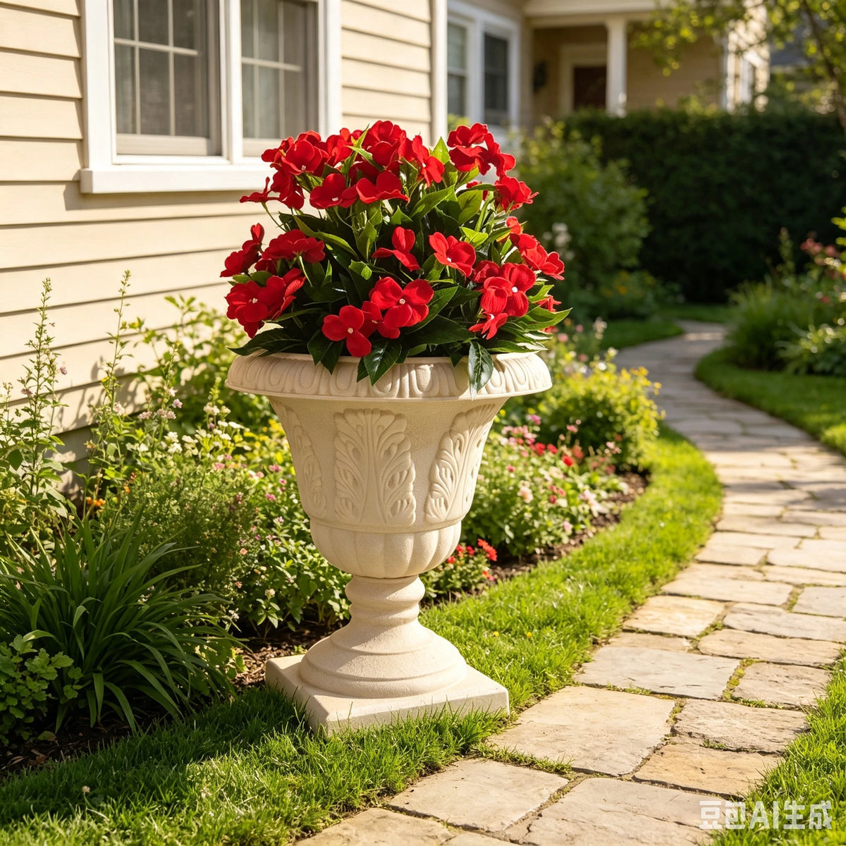 2er Set 43cm Künstliche Rote Impatiens Seidenblumen, UV-beständige Topfpflanzen für Hochzeiten, Garten, Balkon, ohne Montage