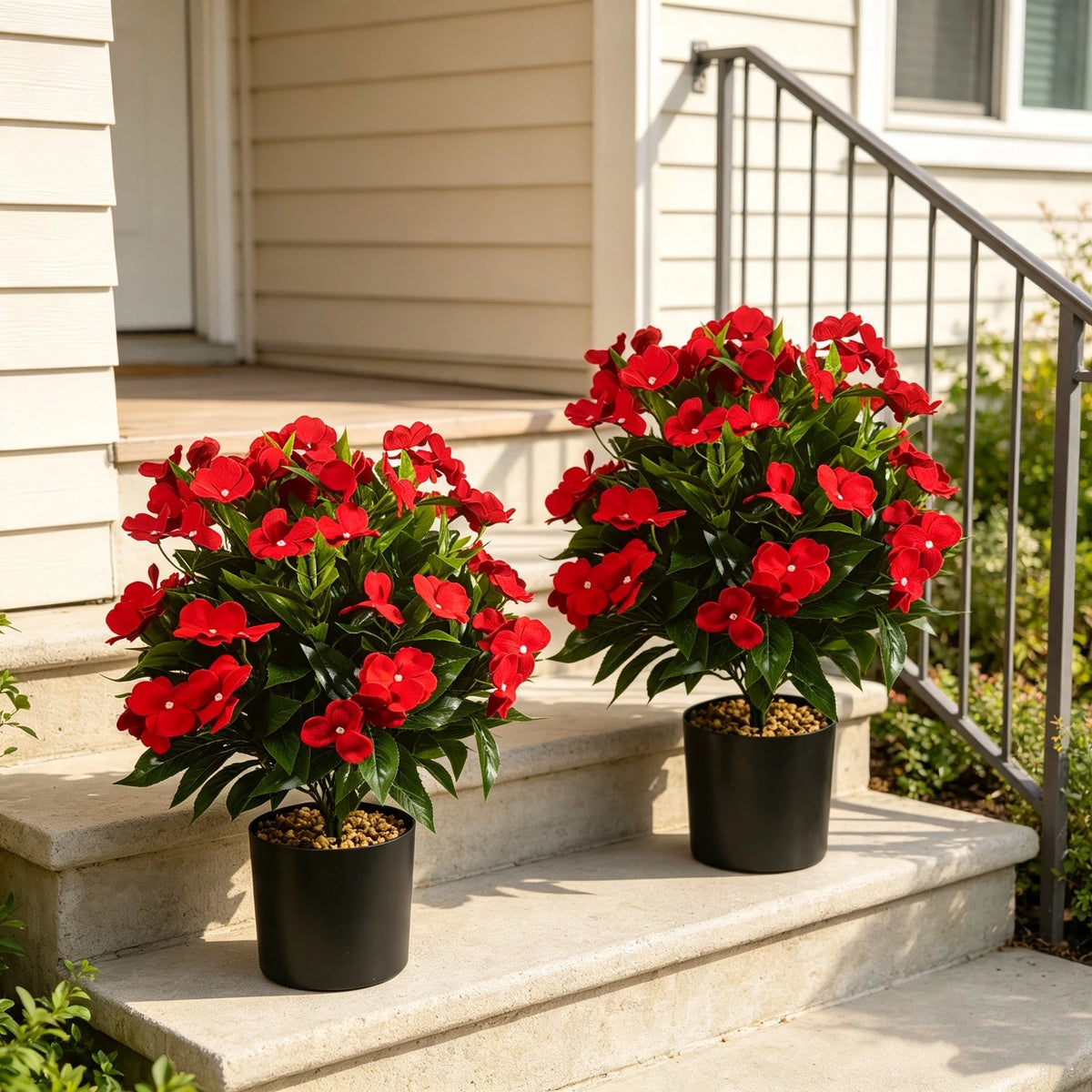 2er Set 43cm Künstliche Rote Impatiens Seidenblumen, UV-beständige Topfpflanzen für Hochzeiten, Garten, Balkon, ohne Montage