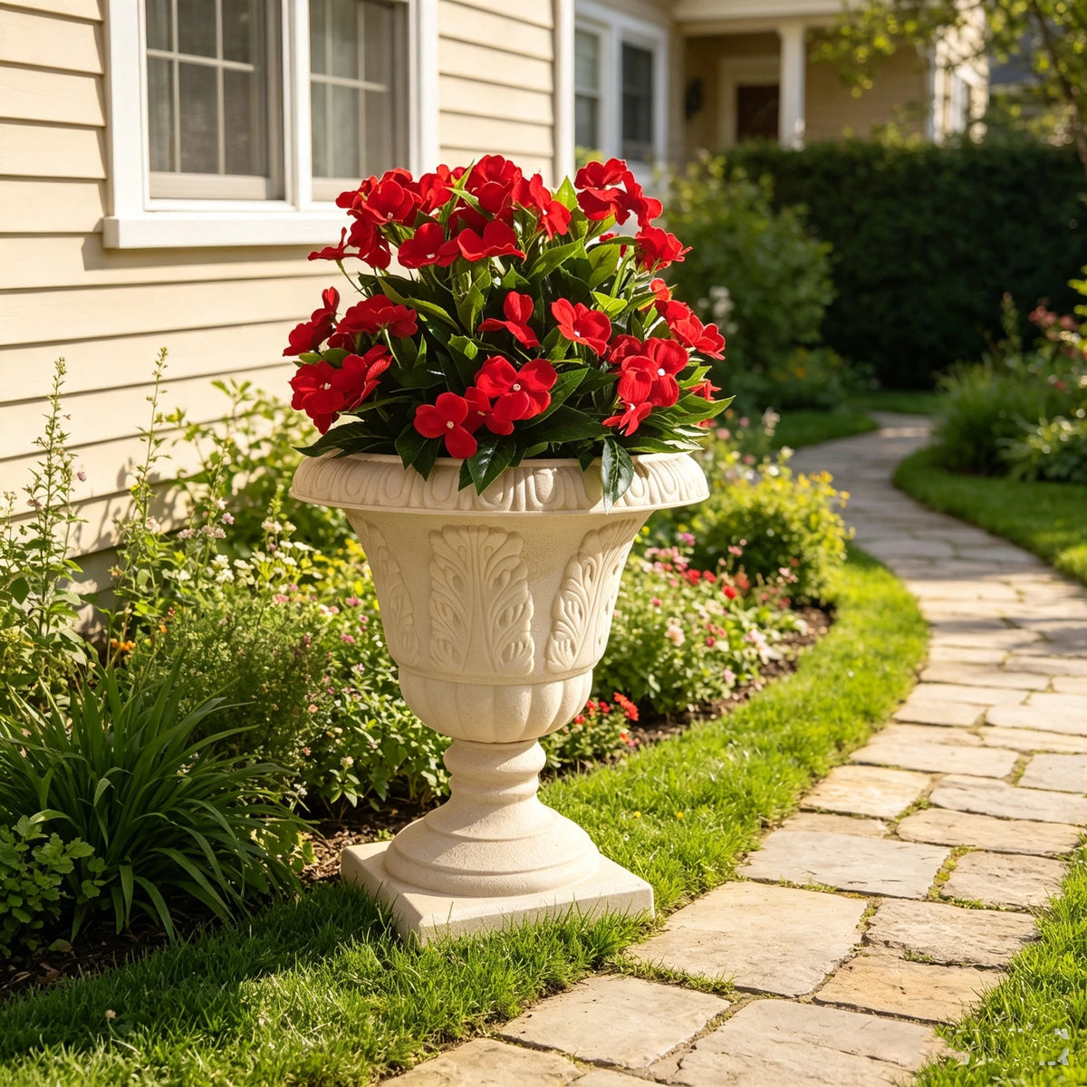 2er Set 43cm Künstliche Rote Impatiens Seidenblumen, UV-beständige Topfpflanzen für Hochzeiten, Garten, Balkon, ohne Montage