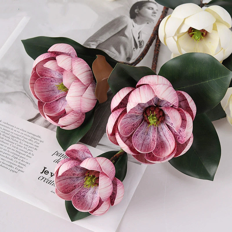 Künstliche Magnolie 70 cm, 3 große Blüten, Realistischer Dekozweig aus EVA-Schaum für Vase, Hochzeit & Gastronomie, in 5 Farben