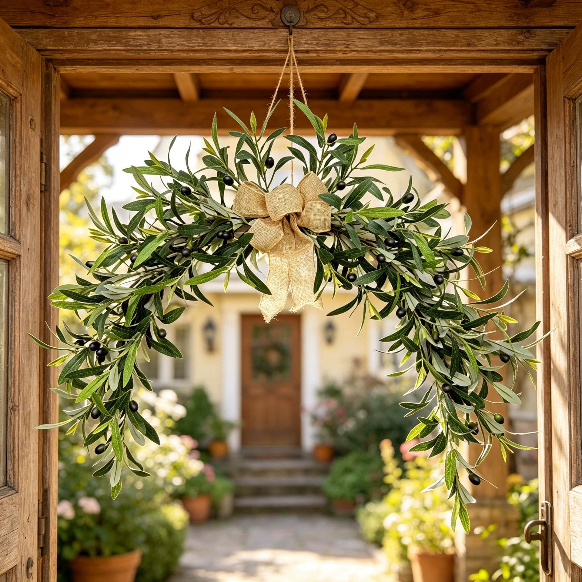 Künstlicher Olivenkranz 80 cm, Täuschend Echte Olivenzweig Girlande für Wand, Tür & Kamin, Mediterrane Deko für Hochzeit & Zuhause, Ganzjährig
