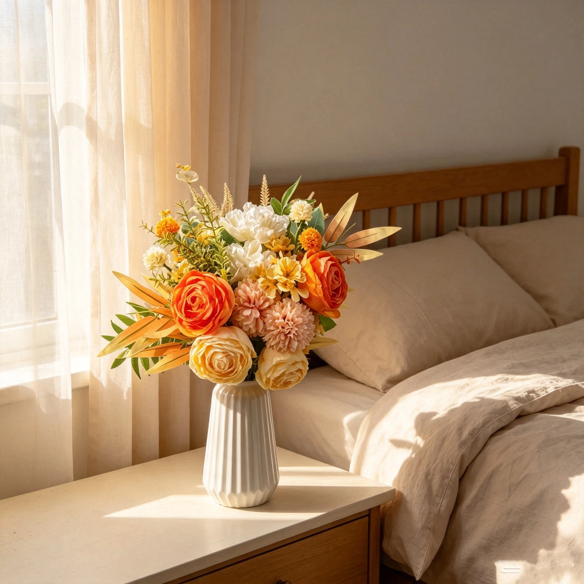 Kunstblumenstrauß Herbst 40cm, Täuschend Echte Pfingstrosen & Chrysanthemen, Hochwertige Seidenblumen für Herbstdeko, Vase, Hochzeit, Gastronomie