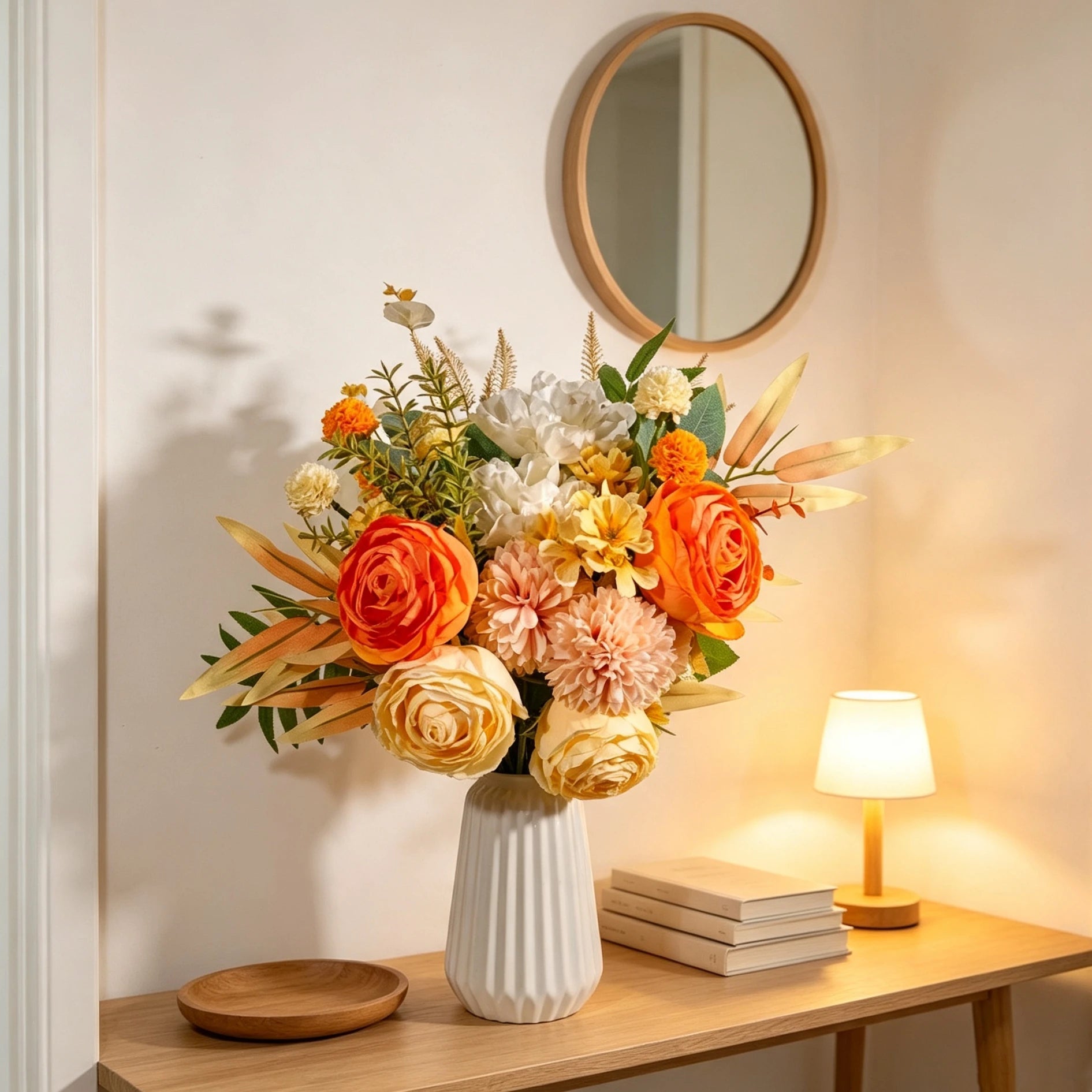 Kunstblumenstrauß Herbst 40cm, Täuschend Echte Pfingstrosen & Chrysanthemen, Hochwertige Seidenblumen für Herbstdeko, Vase, Hochzeit, Gastronomie