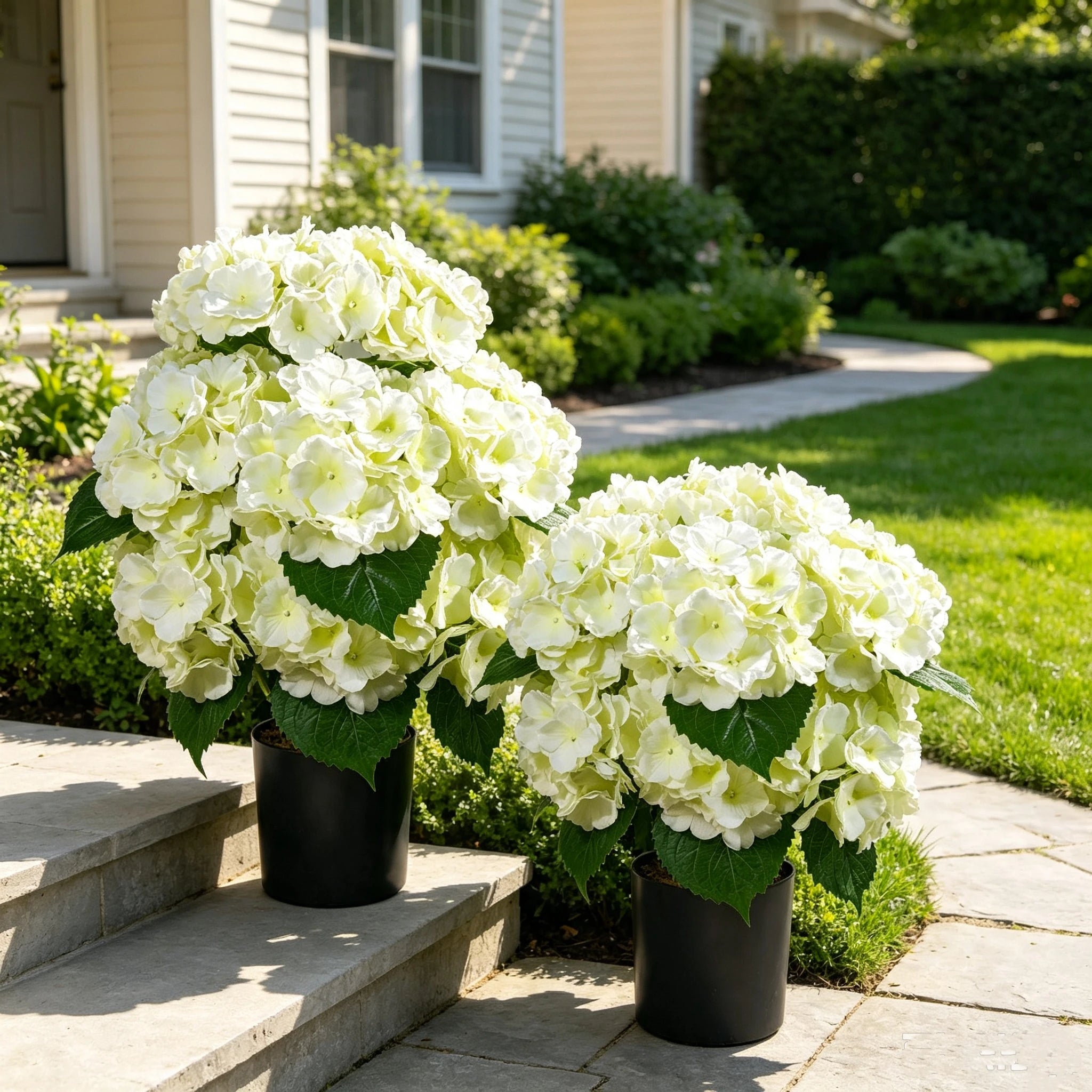 Künstliche Hortensien im 2er Set, 55cm Große Hortensienbüsche, UV-beständig & Täuschend Echt, Kunstblumen im Topf für Außen, Balkon, Hochzeit & Gewerbe