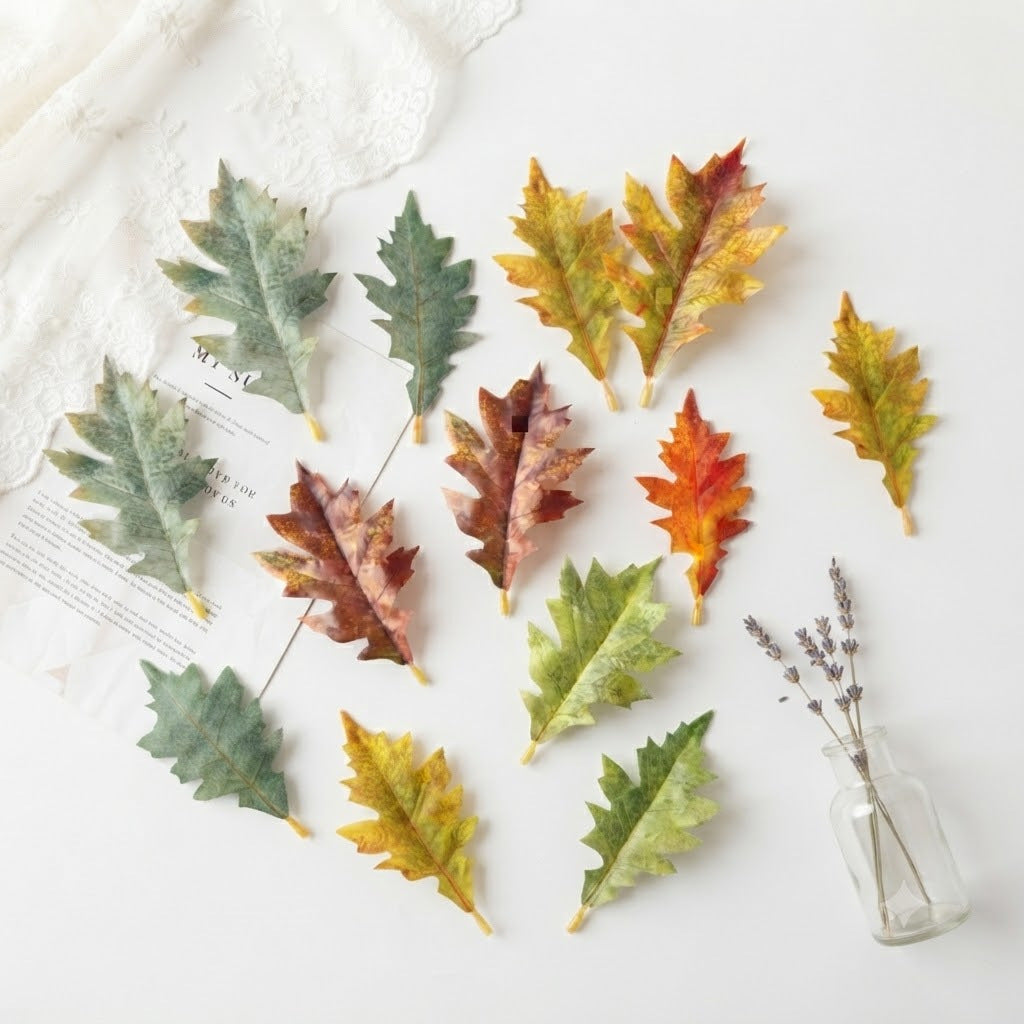 Künstliche Eichenblätter, 2 Größen (11,5 cm & 14 cm), 50 Stück, realistisch für Hochzeiten, Dekoration, Herbst-Arrangements