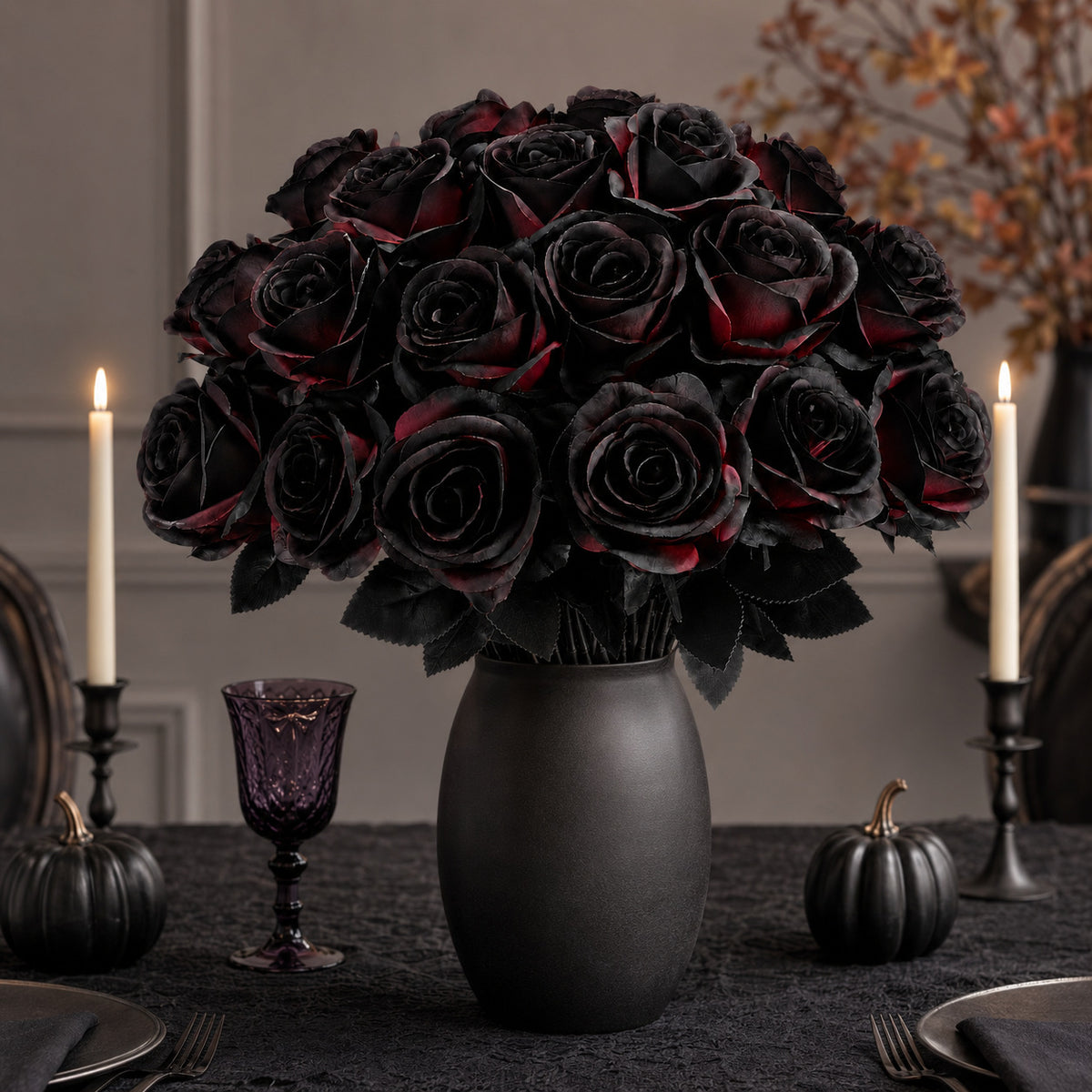 5er Set Künstliche Rosen Schwarz & Rot | 60 cm Langstielig | Gothic Kunstblumen für Halloween, Hochzeit & Vase
