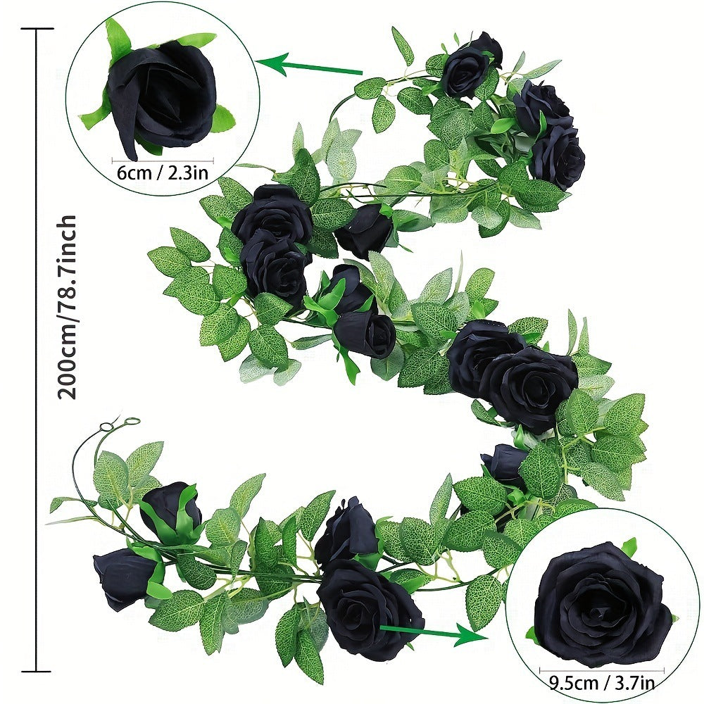 2m Kunstrosen-Ranken, realistische schwarze Rosen, Hochzeitsdekoration, saisonale Festtagsdekoration, Innen- und Außenbereich