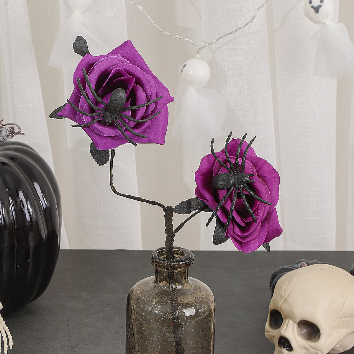 Faux-Rosen mit Spinnen, 38cm, Kunstseide, Gothic Halloween Deko, Hochzeiten, Partys, Innenräume