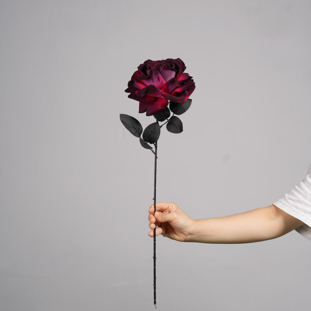 Künstliche Gothic-Rose, 52 cm, Real-Touch, Dunkelrot, für Halloween, Hochzeitsdekoration, Grabschmuck, Event-Deko