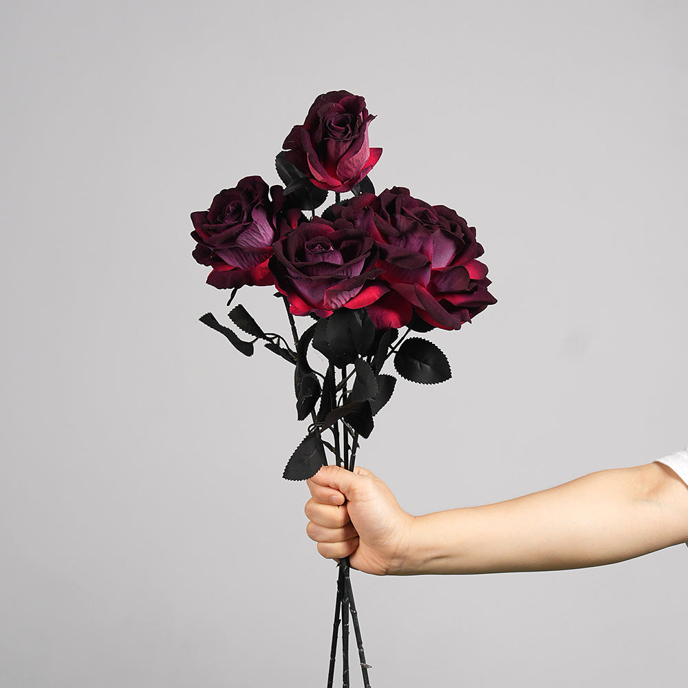 Künstliche Gothic-Rose, 52 cm, Real-Touch, Dunkelrot, für Halloween, Hochzeitsdekoration, Grabschmuck, Event-Deko
