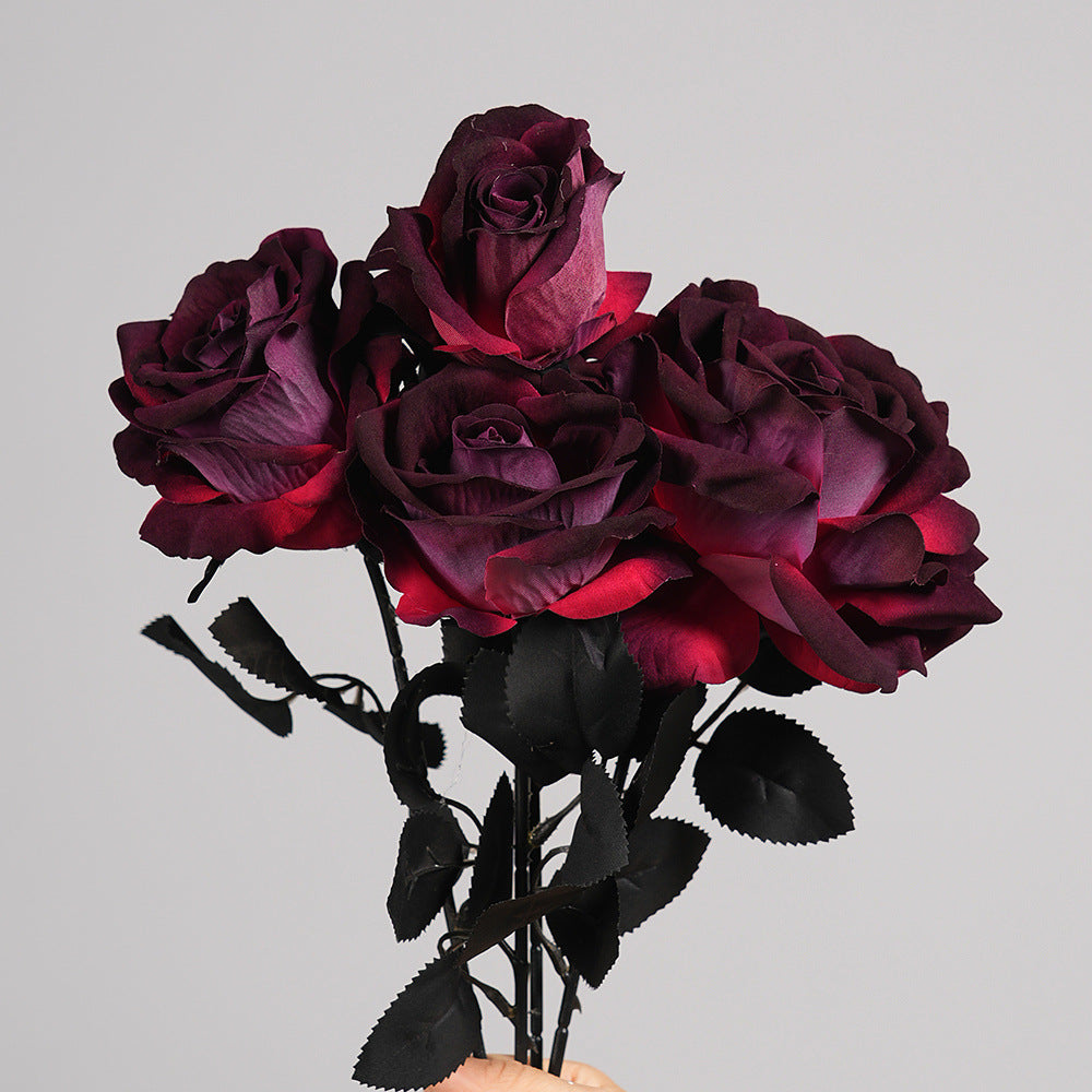 Künstliche Gothic-Rose, 52 cm, Real-Touch, Dunkelrot, für Halloween, Hochzeitsdekoration, Grabschmuck, Event-Deko