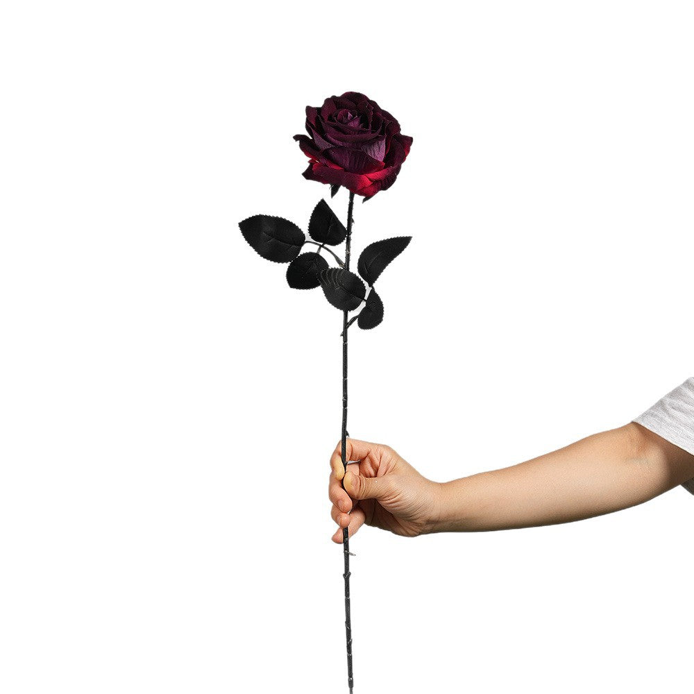 Künstliche Gothic-Rose, 52 cm, Real-Touch, Dunkelrot, für Halloween, Hochzeitsdekoration, Grabschmuck, Event-Deko