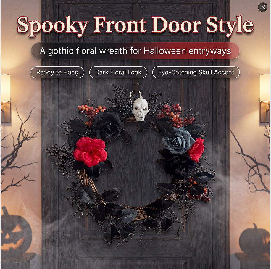Halloween-Floral-Kranz, 40 cm, künstliche Rosen mit Schädel, Spinnweben-Dekoration für Haustür, Party, Event, Grusel-Deko