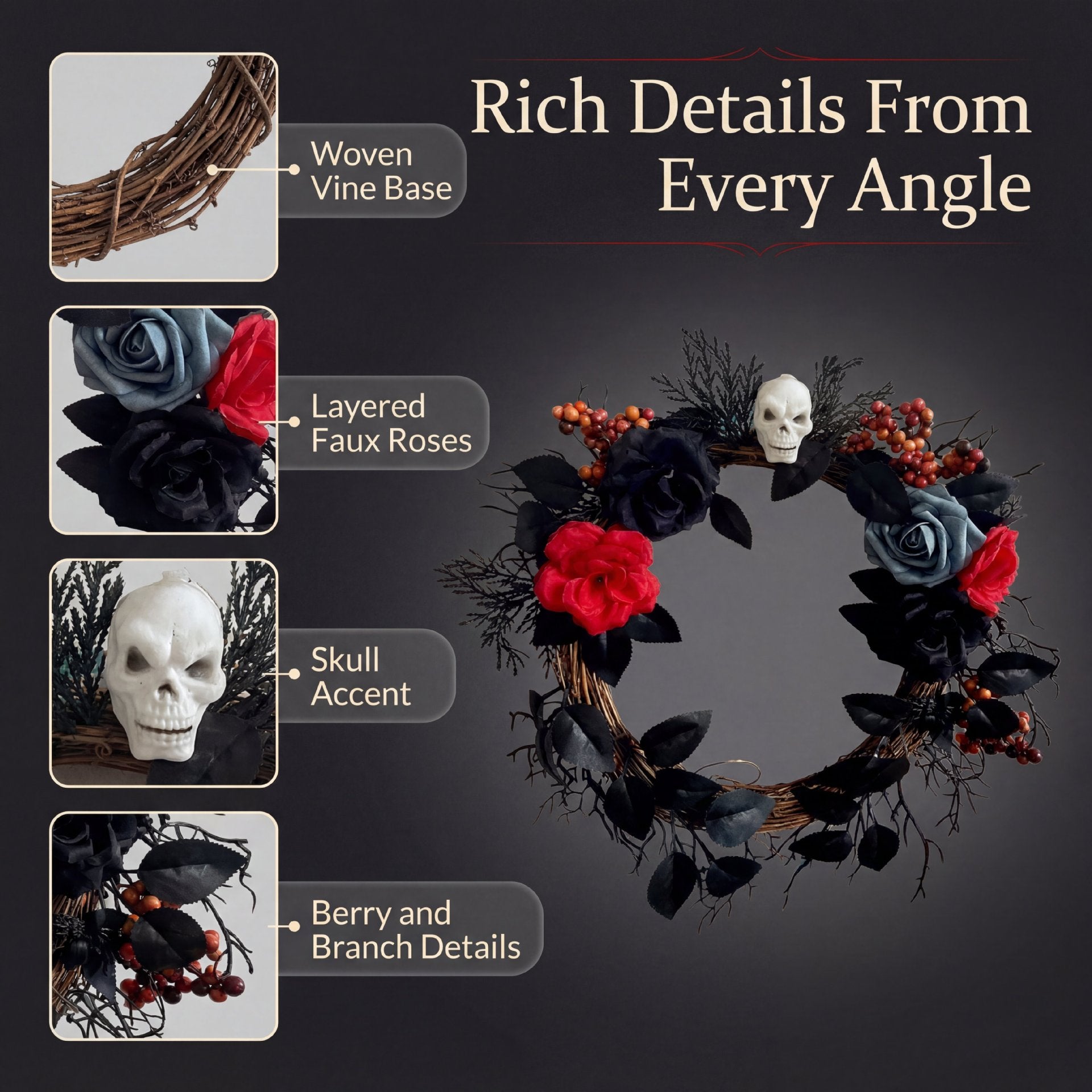 Halloween-Floral-Kranz, 40 cm, künstliche Rosen mit Schädel, Spinnweben-Dekoration für Haustür, Party, Event, Grusel-Deko