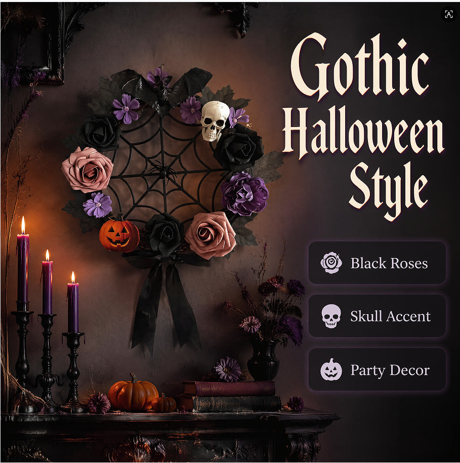 Halloween-Floral-Kranz, 40 cm, künstliche Rosen mit Schädel, Spinnweben-Dekoration für Haustür, Party, Event, Grusel-Deko