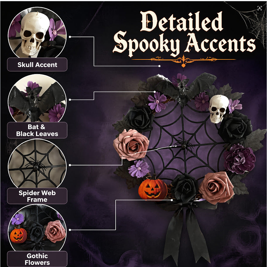 Halloween-Floral-Kranz, 40 cm, künstliche Rosen mit Schädel, Spinnweben-Dekoration für Haustür, Party, Event, Grusel-Deko