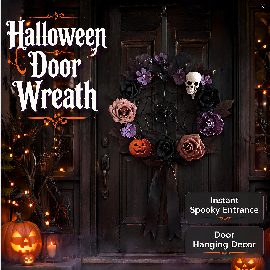 Halloween-Floral-Kranz, 40 cm, künstliche Rosen mit Schädel, Spinnweben-Dekoration für Haustür, Party, Event, Grusel-Deko