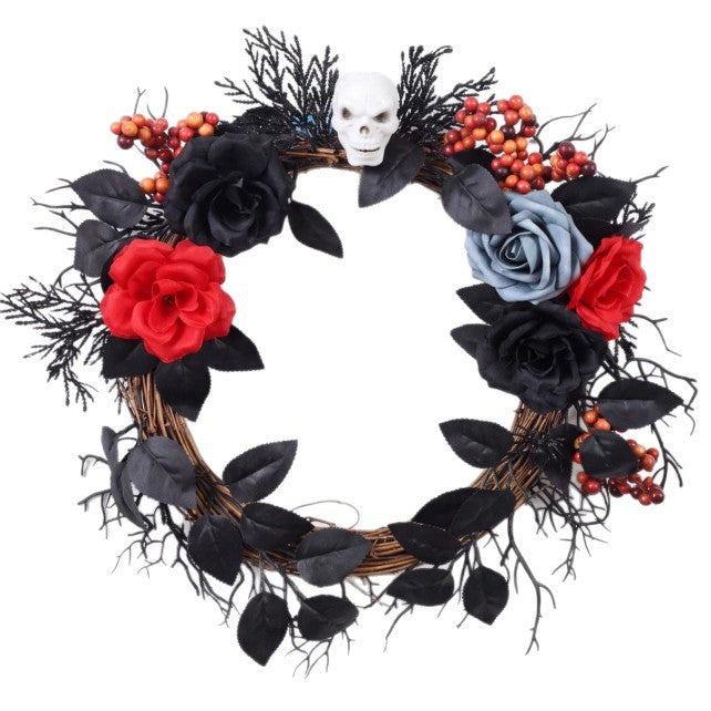 Halloween-Floral-Kranz, 40 cm, künstliche Rosen mit Schädel, Spinnweben-Dekoration für Haustür, Party, Event, Grusel-Deko