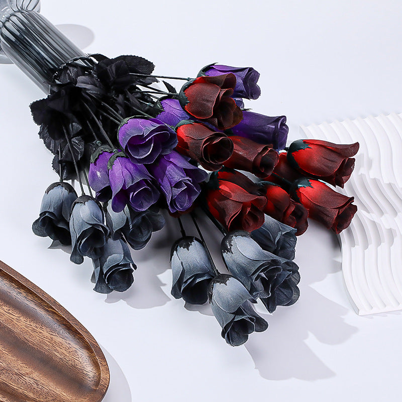 5 Stück künstliche Mini-Rosen, 40 cm lang, Seide, dunkel, Halloween-Dekoration, Goth-Stil, für Hochzeiten, Events, Laden-Deko
