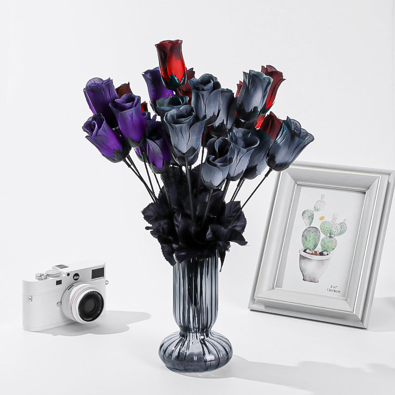 5 Stück künstliche Mini-Rosen, 40 cm lang, Seide, dunkel, Halloween-Dekoration, Goth-Stil, für Hochzeiten, Events, Laden-Deko