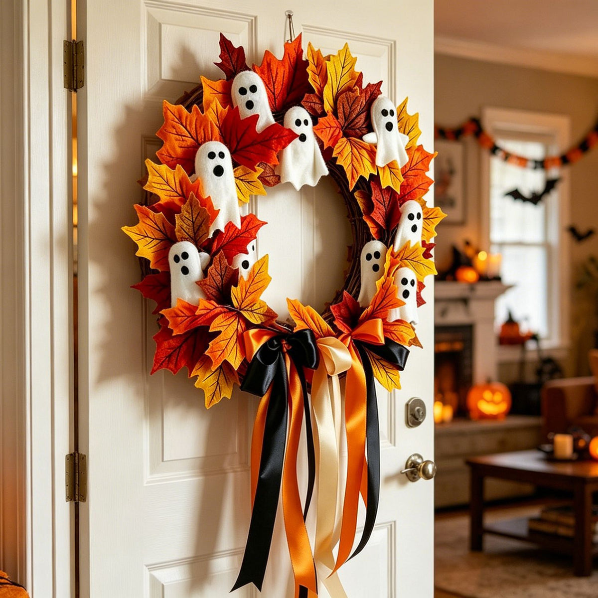 Halloween Geisterkranz mit Schleife, 40 cm, künstliche Blumen, realistische Dekoration für Haustür, Hochzeit, Geschäfte