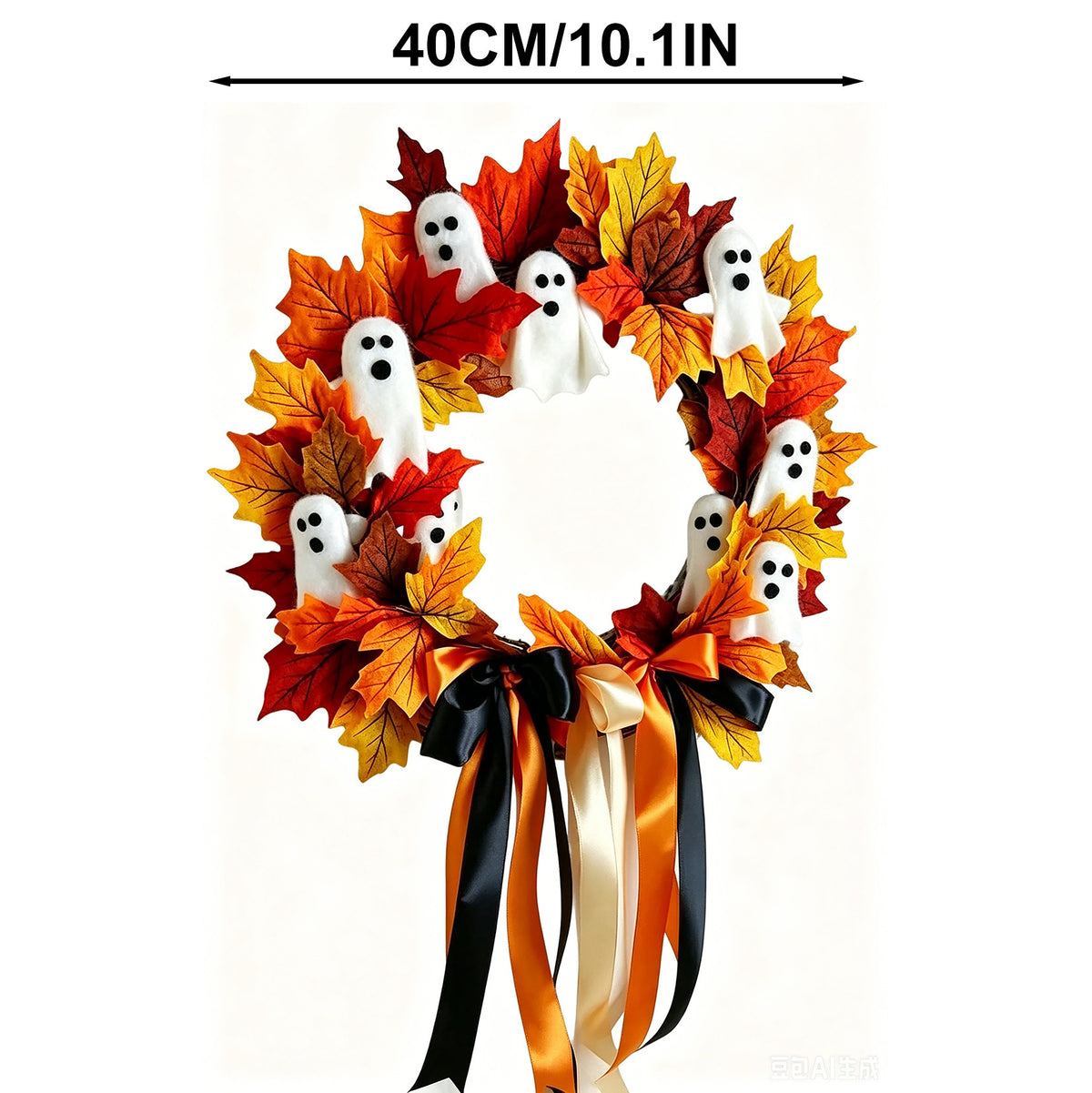 Halloween Geisterkranz mit Schleife, 40 cm, künstliche Blumen, realistische Dekoration für Haustür, Hochzeit, Geschäfte