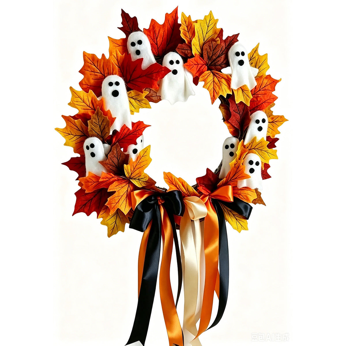 Halloween Geisterkranz mit Schleife, 40 cm, künstliche Blumen, realistische Dekoration für Haustür, Hochzeit, Geschäfte