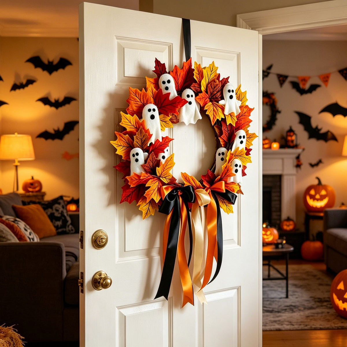 Halloween Geisterkranz mit Schleife, 40 cm, künstliche Blumen, realistische Dekoration für Haustür, Hochzeit, Geschäfte