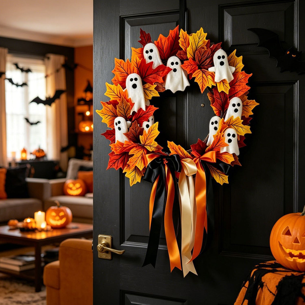 Halloween Geisterkranz mit Schleife, 40 cm, künstliche Blumen, realistische Dekoration für Haustür, Hochzeit, Geschäfte