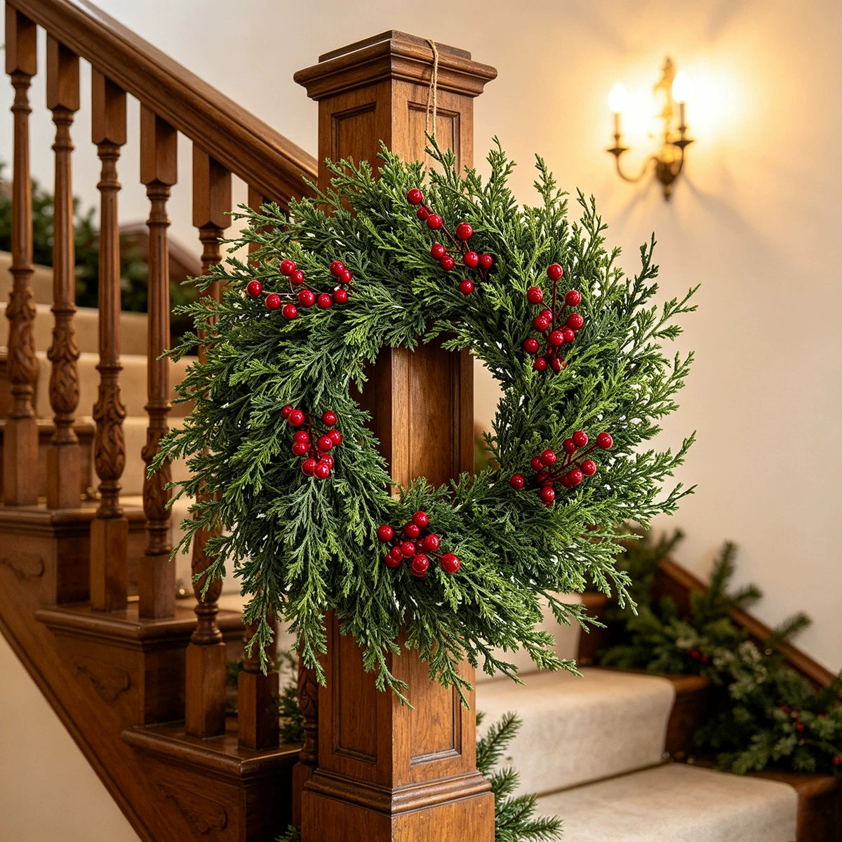 Weihnachtskranz aus künstlicher Tannenzweigen mit roten Beeren, 55 cm Durchmesser, für Innen- und Außendekoration, Weihnachtsdekoration, Haustür, Tischdekoration