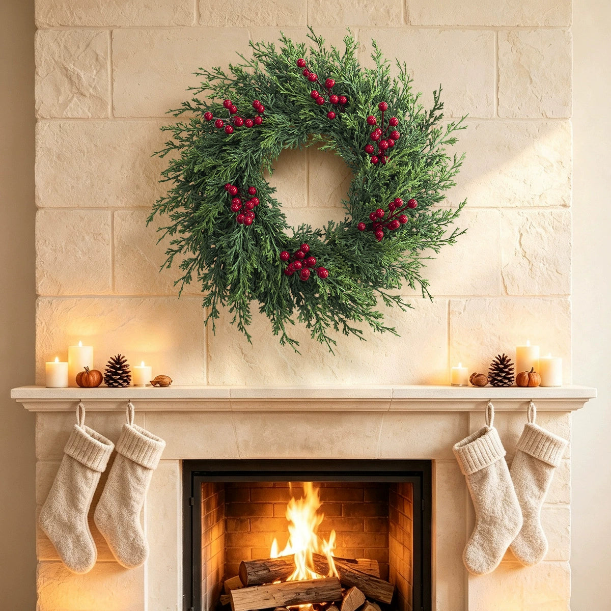 Weihnachtskranz aus künstlicher Tannenzweigen mit roten Beeren, 55 cm Durchmesser, für Innen- und Außendekoration, Weihnachtsdekoration, Haustür, Tischdekoration