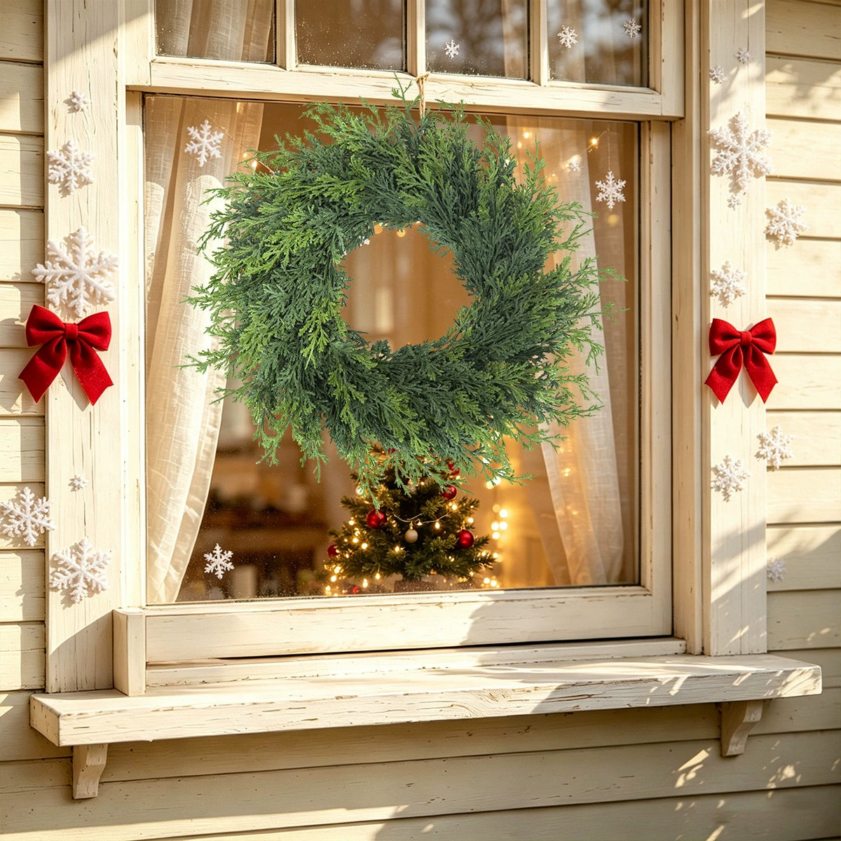Weihnachtskranz aus künstlicher Tannenzweigen mit roten Beeren, 55 cm Durchmesser, für Innen- und Außendekoration, Weihnachtsdekoration, Haustür, Tischdekoration