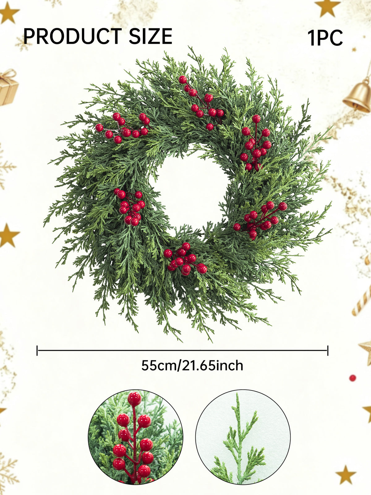 Weihnachtskranz aus künstlicher Tannenzweigen mit roten Beeren, 55 cm Durchmesser, für Innen- und Außendekoration, Weihnachtsdekoration, Haustür, Tischdekoration
