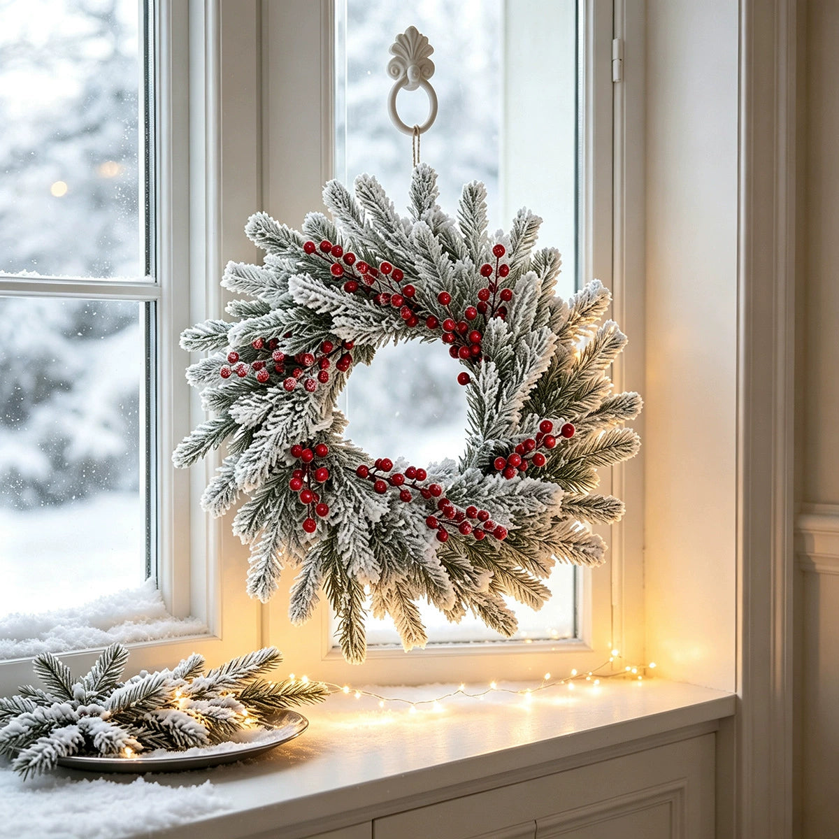 Weihnachtskranz mit Schnee und roten Beeren, 55 cm Durchmesser, realistisch, für Haustür, Fensterdekoration, Hochzeiten, Veranstaltungen