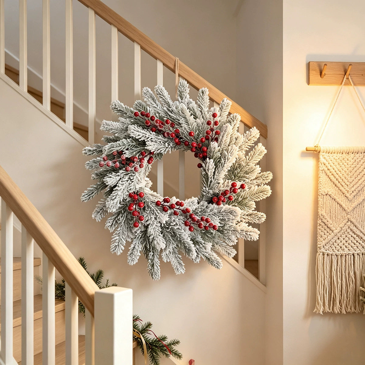 Weihnachtskranz mit Schnee und roten Beeren, 55 cm Durchmesser, realistisch, für Haustür, Fensterdekoration, Hochzeiten, Veranstaltungen