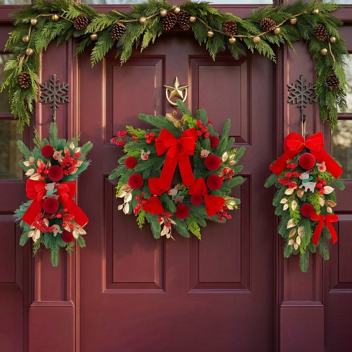 Rentier-Deko aus Rot-Samt, 48 cm, Weihnachtsgirlande & Türbehang für Hotel, Event, Festtagsdekoration – realistisch, langlebig, batchtauglich