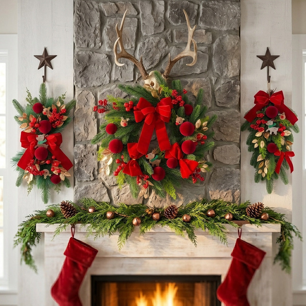 Rentier-Deko aus Rot-Samt, 48 cm, Weihnachtsgirlande & Türbehang für Hotel, Event, Festtagsdekoration – realistisch, langlebig, batchtauglich