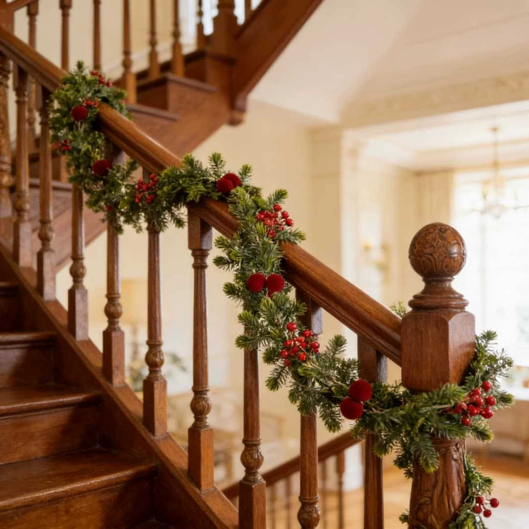 Weihnachts-Dekoration: 180 cm künstliche Kiefernzweige mit roten Beeren & 15 roten Samtkugeln – Real-Touch für Hochzeit, Grabgestaltung, Festtagsdeko, Treppe, Kamin