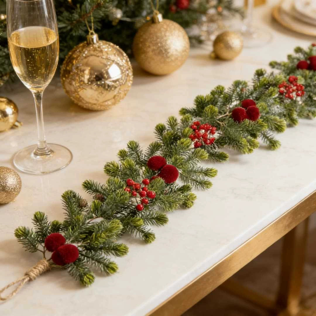 Weihnachts-Dekoration: 180 cm künstliche Kiefernzweige mit roten Beeren & 15 roten Samtkugeln – Real-Touch für Hochzeit, Grabgestaltung, Festtagsdeko, Treppe, Kamin
