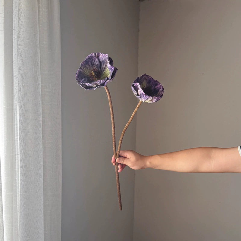 75cm große Mohnblume aus Real-Touch-Material, 2 Blüten, 14cm Durchmesser, lila, dunkelbraun, burgunderrot – perfekt für Hochzeiten, Wohnkultur, Einzelhandel