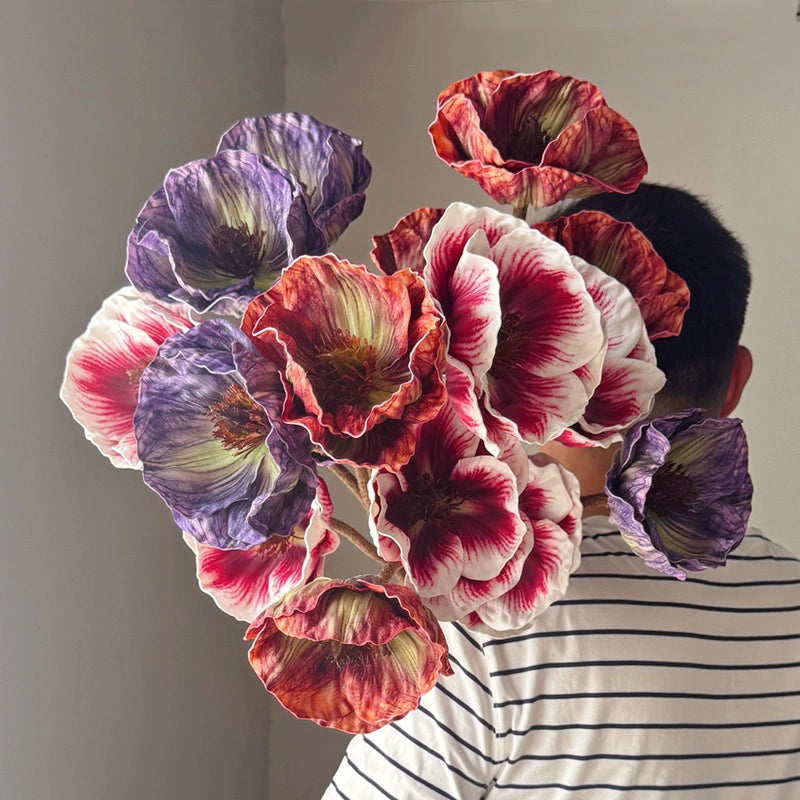 75cm große Mohnblume aus Real-Touch-Material, 2 Blüten, 14cm Durchmesser, lila, dunkelbraun, burgunderrot – perfekt für Hochzeiten, Wohnkultur, Einzelhandel