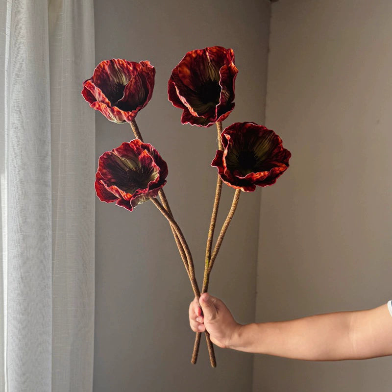75cm große Mohnblume aus Real-Touch-Material, 2 Blüten, 14cm Durchmesser, lila, dunkelbraun, burgunderrot – perfekt für Hochzeiten, Wohnkultur, Einzelhandel