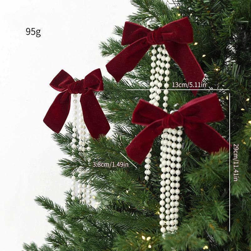 Weihnachtsschmuck Perlen-Schleifen Anhänger, Set mit 3 Größen (19cm, 15cm, 12cm), Weinrot, Dunkelgrün, Cremeweiß, für Weihnachtsbaum, Fensterdekoration, Hochzeitsdekoration