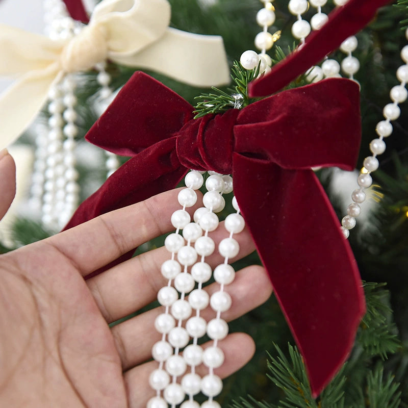 Weihnachtsschmuck Perlen-Schleifen Anhänger, Set mit 3 Größen (19cm, 15cm, 12cm), Weinrot, Dunkelgrün, Cremeweiß, für Weihnachtsbaum, Fensterdekoration, Hochzeitsdekoration