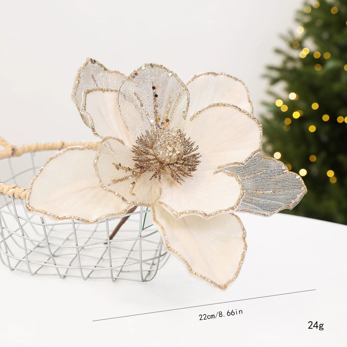 22 cm künstliche Weihnachtsdeko mit Glitzer, Stoffblumen in Weinrot, Grün oder Cremeweiß, für Fensterdekoration, Hotel & Einzelhandel